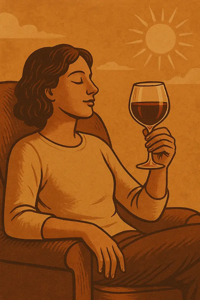 Ilustracion de una chica disfrutando de una copa de vino