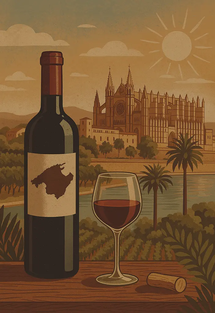 Ilustración con una botella de vino mallorquín y la catedral de palma de fondo al atardecer
