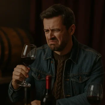Hombre incomodo en una cata vino generica en bodega